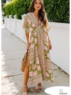 VICI A World To See Green Pink Floral Slit Maxi Dress Boho Medium NEW